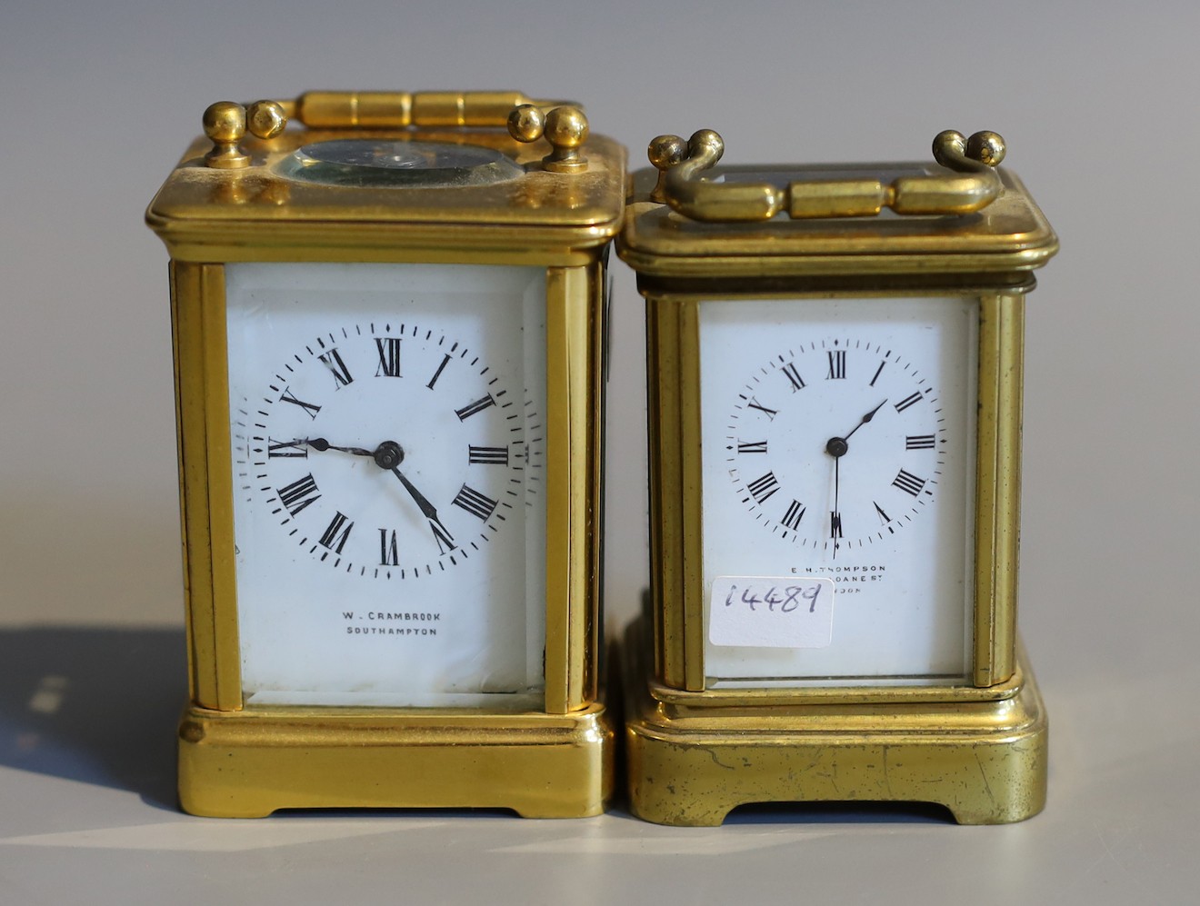 Two late 19th / early 20th century French lacquered brass miniature carriage timepieces, tallest 7cm